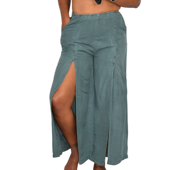 Young Fabulous Broke Cove Pant Green YFB Front Slits Crop Flare Washed Linen XS - Picture 1 of 14